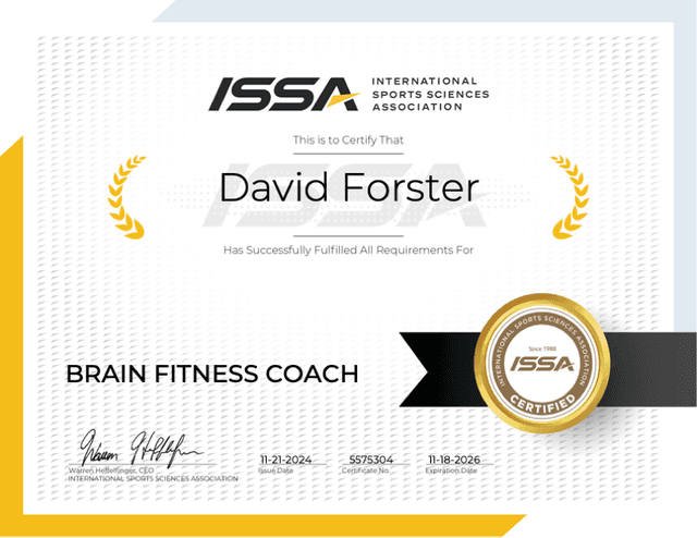 ISSA Certified Brain Fitness Coach certificate for David Forster