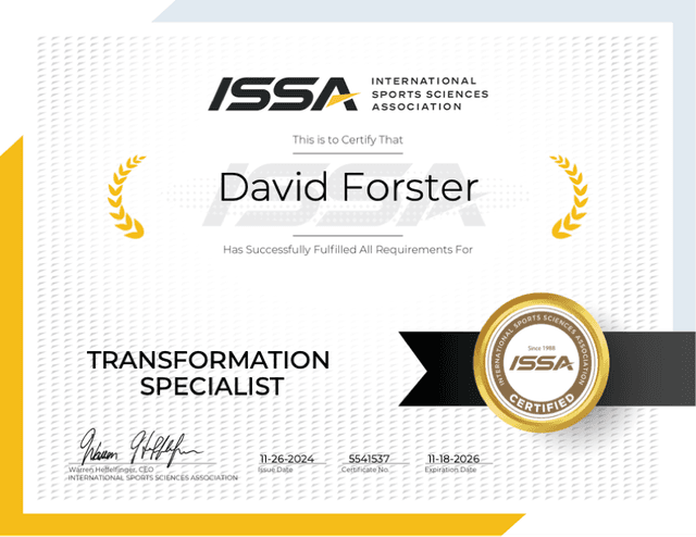 ISSA Certified Transformation Specialist certificate for David Forster